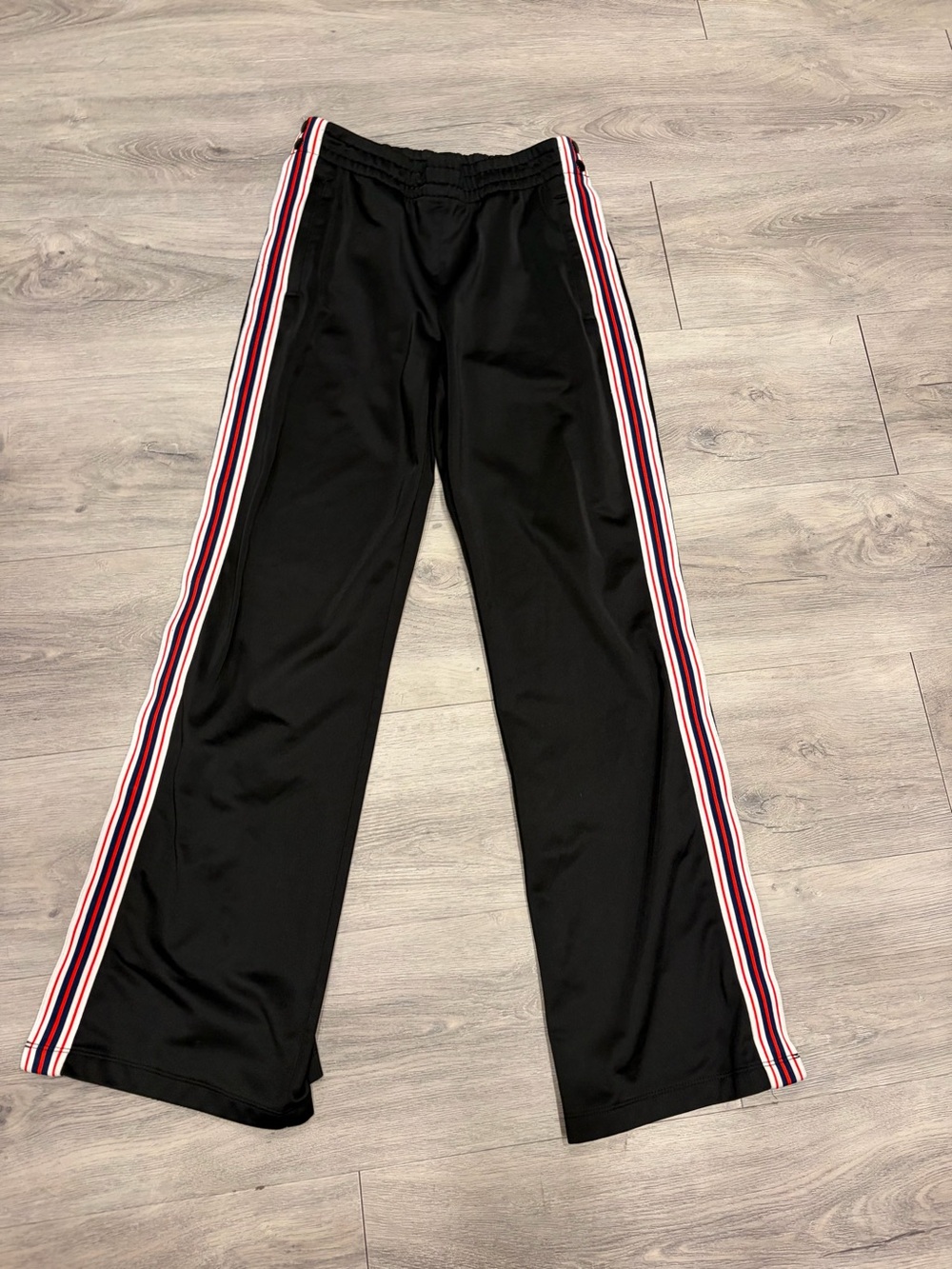 Aritzia Black Track Pants with Red, White & Blue Side Stripes